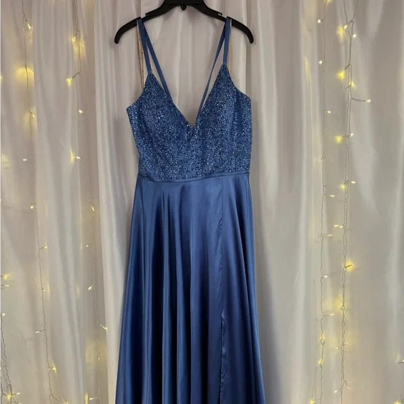 Faviana Steel Blue Prom Dress Ink Blue Strapless Satin Corset Dress With  Exposed Boning And Beading